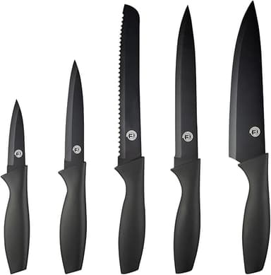 MasterChef Knivset, Köksknivset 5-Delar, Komplett Set: Kockkniv, Brödkniv, Trancherkniv, Universalkniv och Skalkniv, Rostfritt Stål med Non-Stick-Beläggning, Ergonomiska Soft-Touch-Handtag, Svart