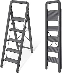 KINGRACK Trappstege, 5 steg, vikbar stegstege med räcke, halkfri hushållsstege med hopfällbar säkerhet, stegpall i aluminium, maximal belastning 150 kg – svart