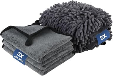 bilvårdsset med 2 biltvätthandskar och 3 mikrofiberhanddukar bil – bilrengöringsset med extra mjuka 600 GSM-dukar – rengöringsset för repfri torkning, 40 x 30 cm