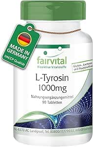 fairvital L-tyrosin 1000mg, 90 tabletter, 1000mg per tablett, kvalitetskontrollerad och högdoserad, 100% vegansk, tillverkad i Tyskland