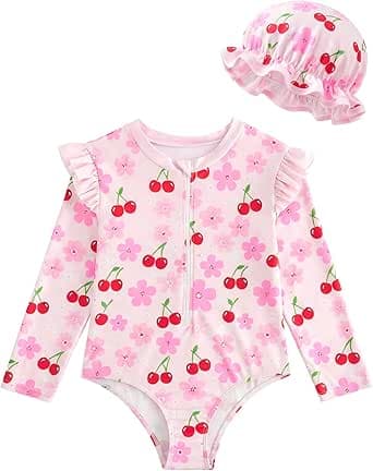 JiAmy Babyflicka baddräkt långärmad med solhatt UV-skydd endelad barn baddräkt med dragkedja, badkläder