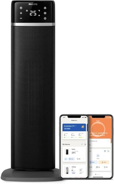 Philips 5000-serien Energieffektiv Uppkopplad Tornfläktvärmare, 2000W, upp till 50% energibesparing, 5 säkerhetsfunktioner, 4 lägen, 60° oscillering, tyst, svart, mörkgrå (CX5120/11)