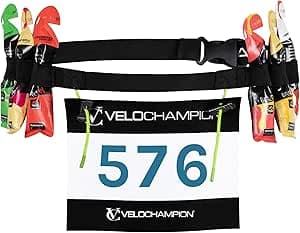 VeloChampion löparbälte – elastisk stretchpassform med klämfäste för Triathlon, maraton, cykling och race nummerhållare, Svart, One Size, Vuxen S/M + gelöglor