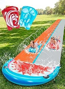 Sloosh 22,5 ft/685,8 cm vattenrutschbana med 2 uppblåsbara brädor, dubbel gräsrutschbana med avancerade sprinkler, sommarleksak för barn och vuxna, trädgårdskul, haj – Bäst i test – vattenrutschbana för trädgård bäst i test 2026