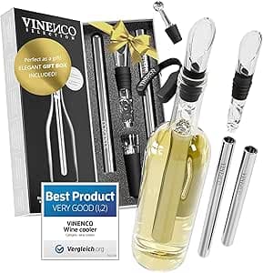 Vinkylare Stick 3-i-1-Set: Rostfritt Stålflaskkylstång + Dekanterande Luftare + Droppfri Upphällning | Flaskkylare Karaff, Vin Tillbehör Islös Kylare | Presentförpackning Gåva Kvinnor Män