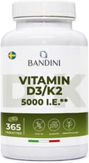 Bandini® Vitamin D3 + K2 365 tabletter, 30.000 IE per månad, årlig leverans, premiumkvalitet, 100mcg K2 99,7+% All-Trans K 2-MK7 + 125 mcg - 5000 IE Cholecaciferol, ben, tänder, immunsystem - Vegan
