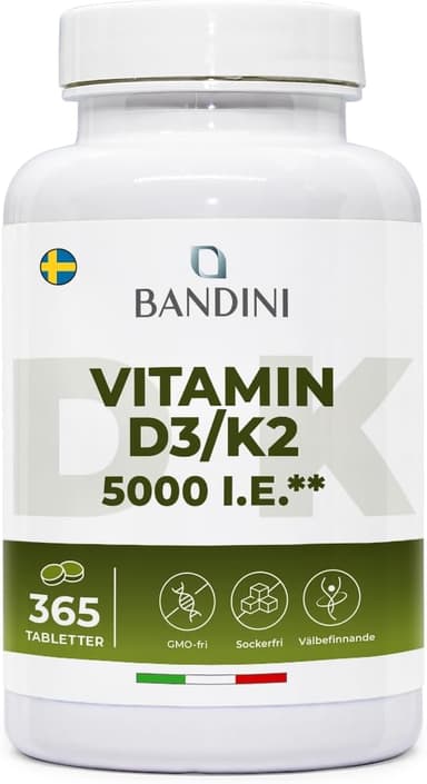 Bandini® Vitamin D3 + K2 365 tabletter, 30.000 IE per månad, årlig leverans, premiumkvalitet, 100mcg K2 99,7+% All-Trans K 2-MK7 + 125 mcg - 5000 IE Cholecaciferol, ben, tänder, immunsystem - Vegan