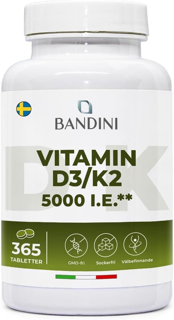Bandini® Vitamin D3 + K2 365 tabletter, 30.000 IE per månad, årlig leverans, premiumkvalitet, 100mcg K2 99,7+% All-Trans K 2-MK7 + 125 mcg - 5000 IE Cholecaciferol, ben, tänder, immunsystem - Vegan – Bäst i test – vitamin d3 k2 bäst i test 2026