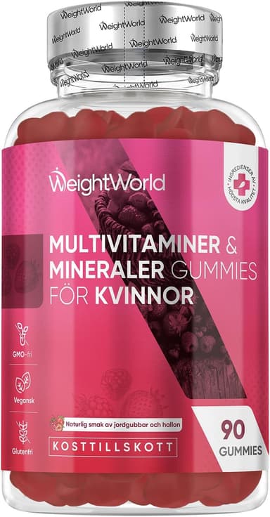 Multivitamin Gummies för kvinnor - Med kalcium, folsyra, omega 6 & 9 från nattljusolja, hyaluron, coenzym Q10, zink, vitamin C, B12, biotin - 90 veganska gummies - jordgubbs- & hallonsmak