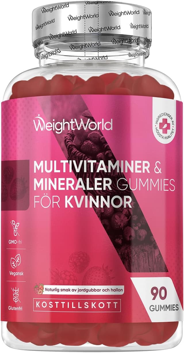 Multivitamin Gummies för kvinnor - Med kalcium, folsyra, omega 6 & 9 från nattljusolja, hyaluron, coenzym Q10, zink, vitamin C, B12, biotin - 90 veganska gummies - jordgubbs- & hallonsmak – Bäst i test – vitaminbjörnar bäst i test 2026