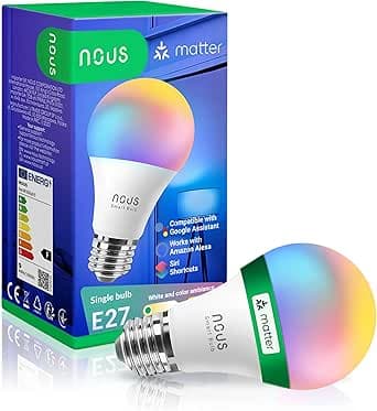 NOUS P3 Smart WIFI glödlampa RGB E27, kompatibel med Matter, Alexa, Home Assistant & Apple HomeKit, Smart Home, fjärrkontroll, LED-lampa färgförändring, RGB-glödlampa, 2,4 GHz WiFi