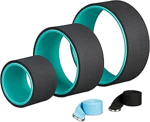 Relaxdays Yogarad Set med 3, Ø: 33, 26,5, 17 cm, med 2 yogabyxor, yogaringe för stretching, plast, turkos/svart