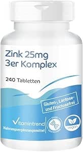 Vitamintrend Zink 25 mg 3-komplex, 240 tabletter, 25 mg per tablett, högdoserad, vegansk kosttillskott utan magnesiumstearat, tillverkad i Tyskland – Bäst i test – zink kosttillskott bäst i test 2026