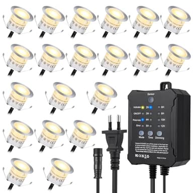 SMY Set med 20 dimbar utomhusinfälld LED-spotlight med timer och fotoelektrisk cellsensor, Ø32 mm, infälld utomhusplats, varmvit, IP67, vattentät för trädgård, trappor, golv