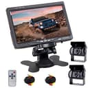 RV backkamerasystem dubbel bil backkamera set med 7 tums HD-fullfärgskärm och två backkameror 18 IR mörkerseende, IP68 vattentät, 10 m videokabel, för husbil/buss/släpvagn/lastbil/skåp/skåp/skåpbil