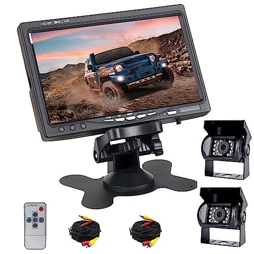 RV backkamerasystem dubbel bil backkamera set med 7 tums HD-fullfärgskärm och två backkameror 18 IR mörkerseende, IP68 vattentät, 10 m videokabel, för husbil/buss/släpvagn/lastbil/skåp/skåp/skåpbil – Bästa lyxval – backkamera för släp bäst i test 2026