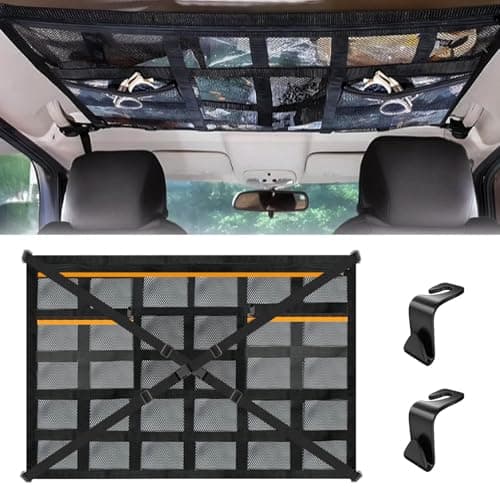 Bagagetät bil, 90 × 65 cm taknät bil inomhus, bagagenät med justerbara korsremmar och 3 oberoende fickor med dragkedja för fyra tak armstöd Jeeps, vans, SUV – bagagenät bil bäst i test 2026
