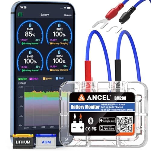 ANCEL BM200Blue Bluetooth 4.2 bilbatterimonitor, 12V Batterimonitor för litium- och blybatterier, trådlös bilbatteritestare med start- och laddningsfunktion testlarm registrering av spänningshistorik – båtbatterimonitor bäst i test 2026